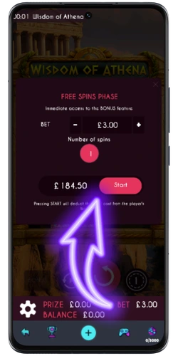 Wisdom of Athena free spins phase screen with bet £3.00 and bonus buy for £184.50