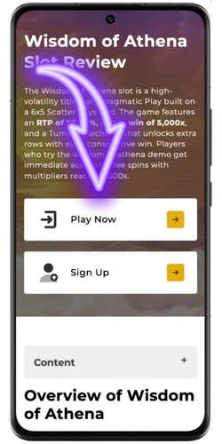 Wisdom of Athena slot review page with Play Now and Sign Up buttons