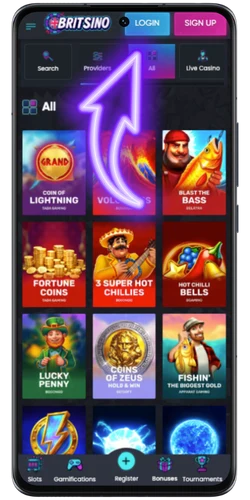 Britsino casino lobby with slots section and Register button visible