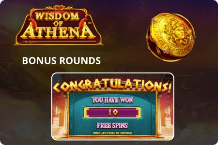 Wisdom of Athena bonus rounds screen showing free spins congratulations message