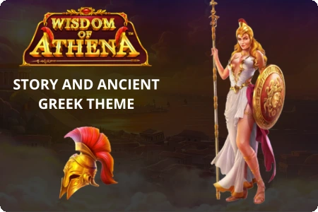 Wisdom of Athena story and ancient Greek theme with Athena goddess character holding spear and shield
