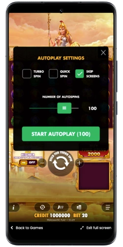 Wisdom of Athena autoplay settings with turbo spin, quick spin options and 100 autospins selected