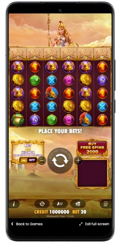 Wisdom of Athena base game grid 6x5 with Athena character and Buy Free Spins button