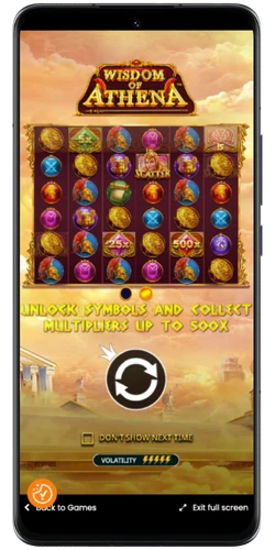 Wisdom of Athena intro screen showing multipliers up to 500x and high volatility rating