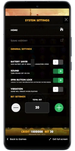Wisdom of Athena system settings with battery saver, sound, spin button lock and vibration options